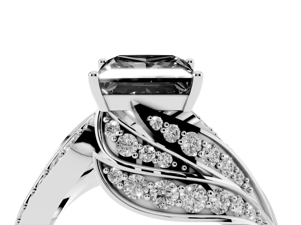 Fancy Black Princess Cut Diamond Solitaire Ring with Prong Setting and Twisted Pavé Band Silver