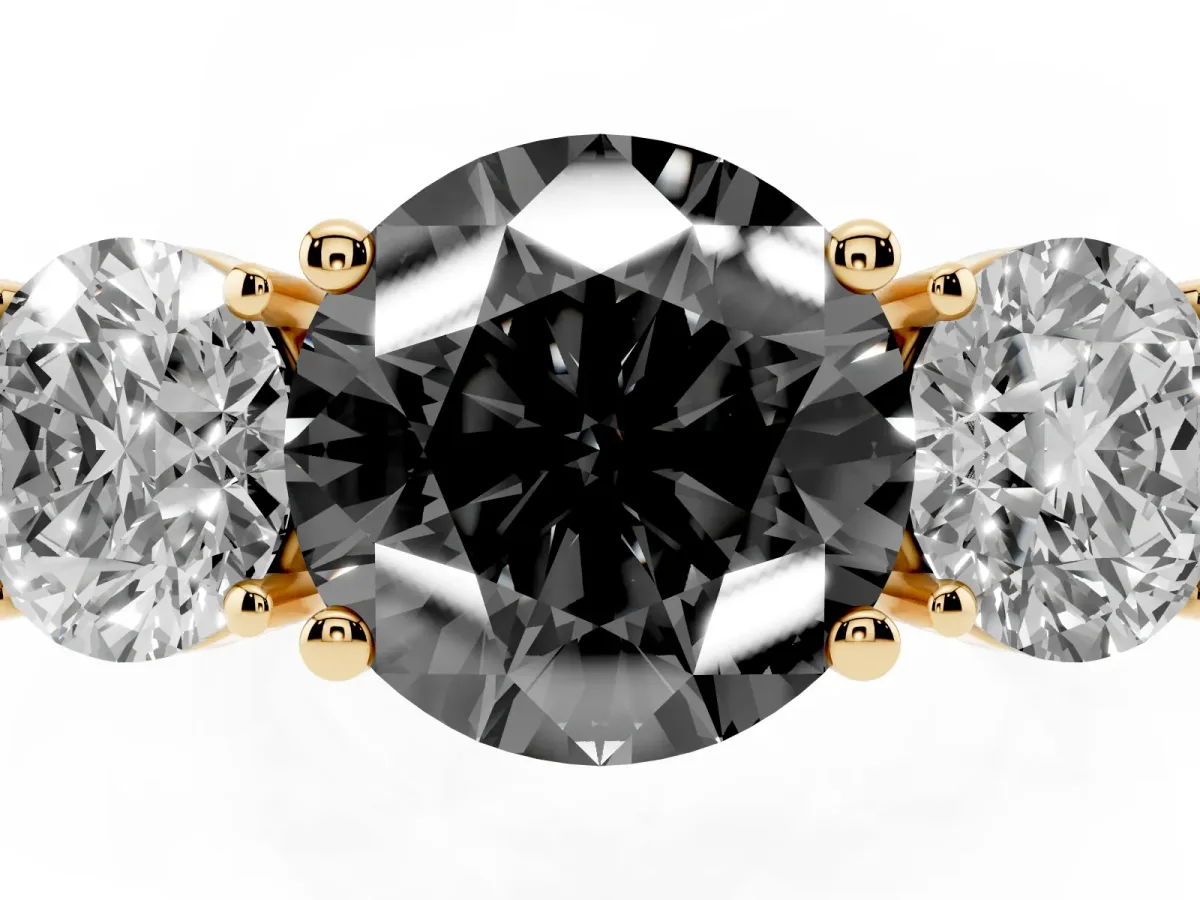 Fancy Black Three-Stone Round Cut Cut Diamond Engagement Ring with Flat Band and Four-Prong Setting Yellow gold