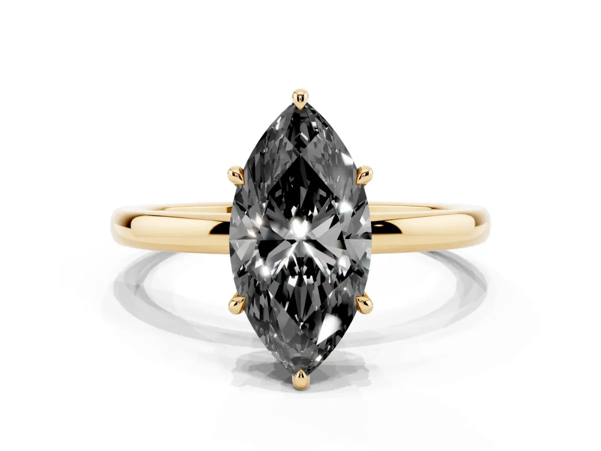 Fancy Black Marquise Cut Solitaire Engagement Ring with Cathedral Band and Four-Prong Setting Yellow gold