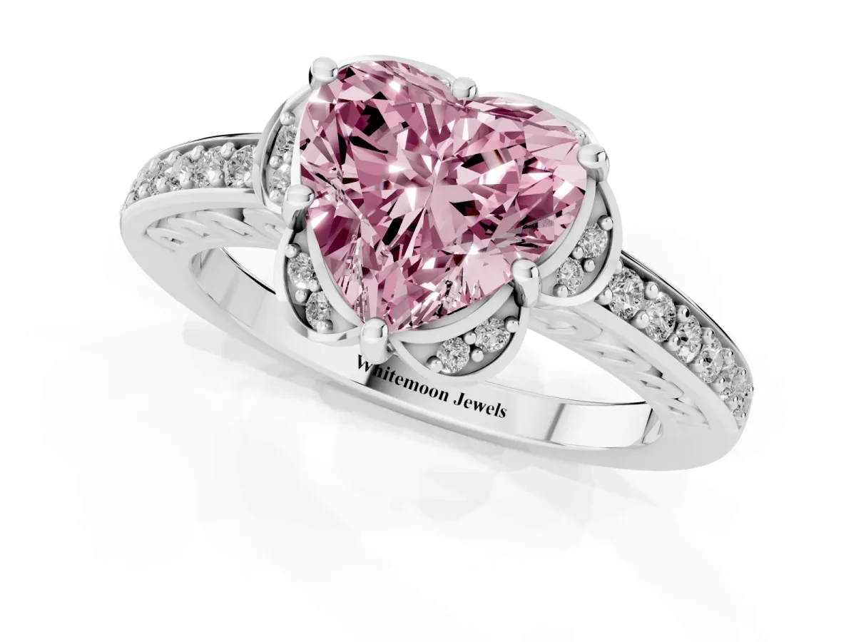 Fancy Pink Heart Cut Cut Halo Diamond Ring with Channel Set Band and Four-Prong Setting Silver