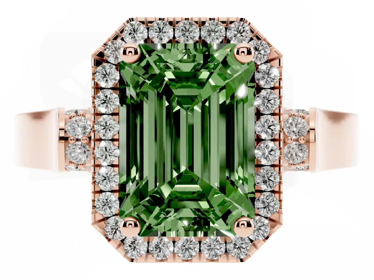 Fancy Green Emerald Cut Halo Round Diamond Twist Band with Four-Prong Setting Rose gold