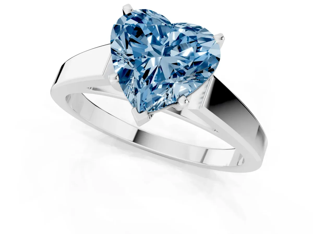 Fancy Blue Heart Cut Solitaire Engagement Ring with Four-Prong Setting and Tapered Band Platinum