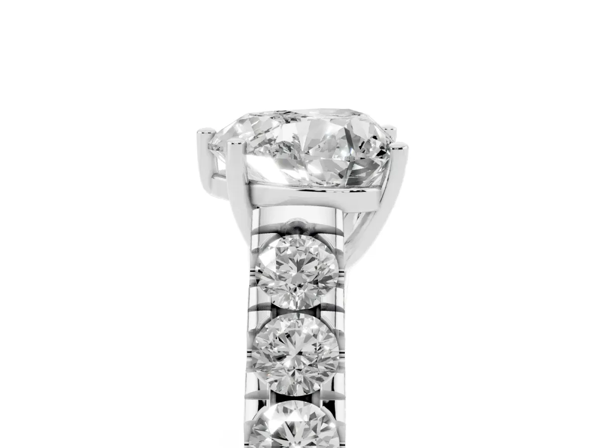 Heart Cut Cut Diamond Solitaire Ring with Micro Pave Band and Prong Setting Silver