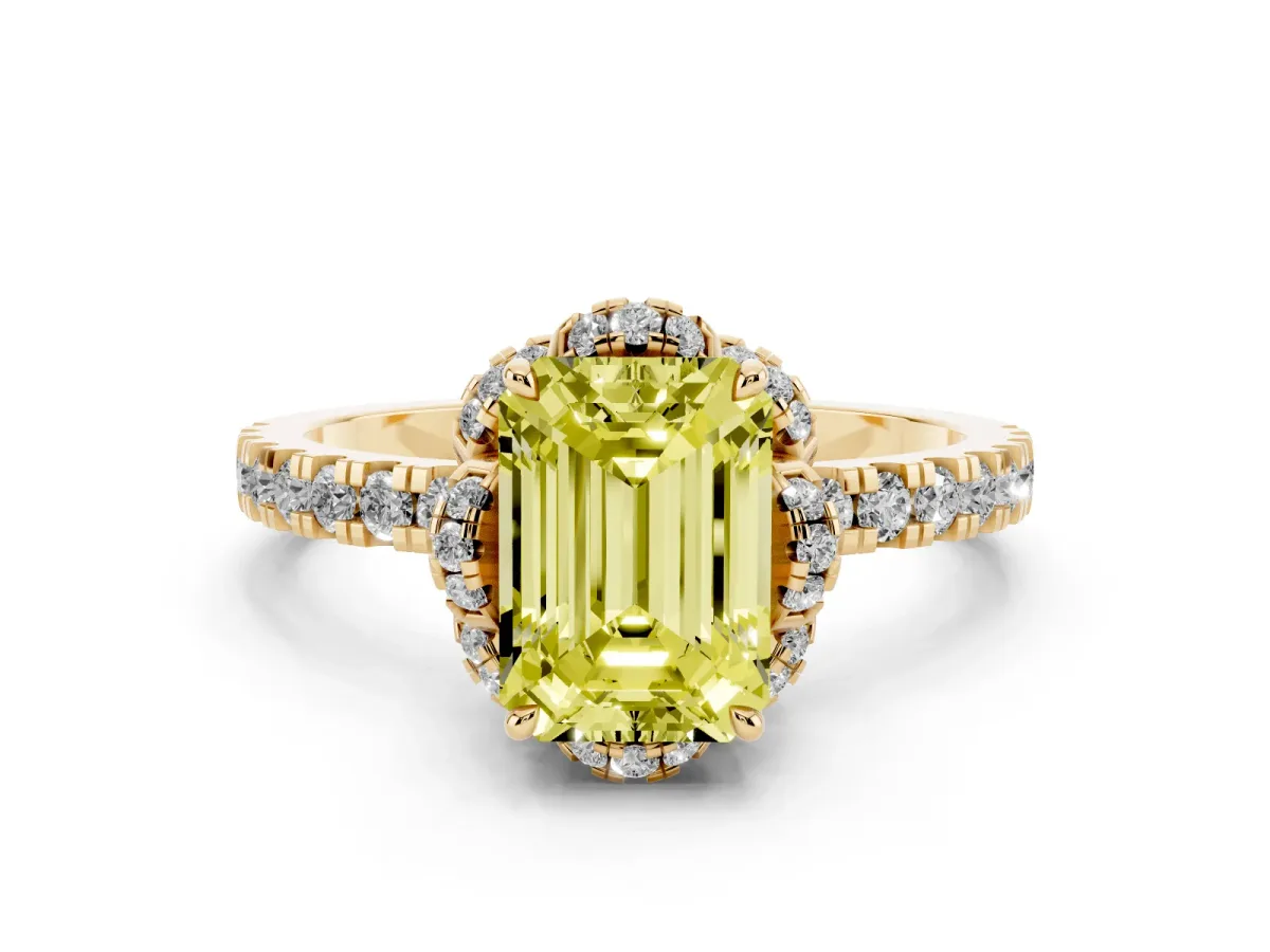 Fancy Yellow Emerald Cut Halo Diamond Pave Band Ring with Four-Prong Setting Yellow gold