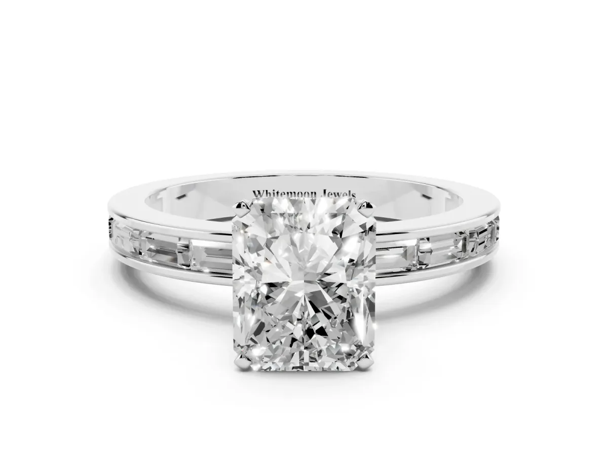 Radiant Cut Solitaire Diamond Ring with Channel-Set Baguette Band and Four-Prong Setting White gold