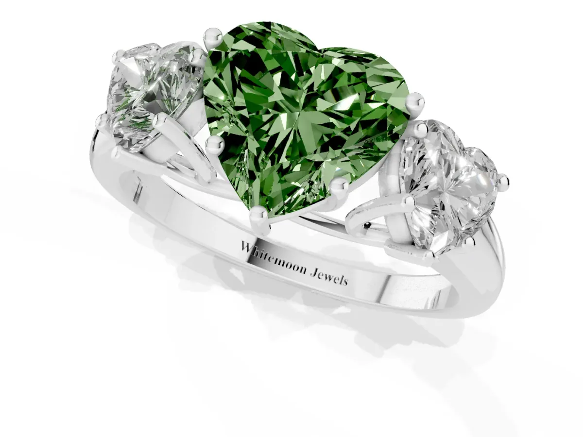 Fancy Green Three-Stone Heart Cut Diamond Engagement Ring with Prong Setting Platinum
