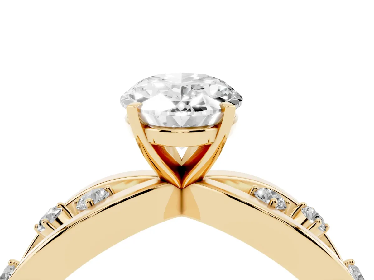 Oval Cut Cut Solitaire Diamond with Side Stones on Criss-Cross Band and Four-Prong Setting Yellow gold