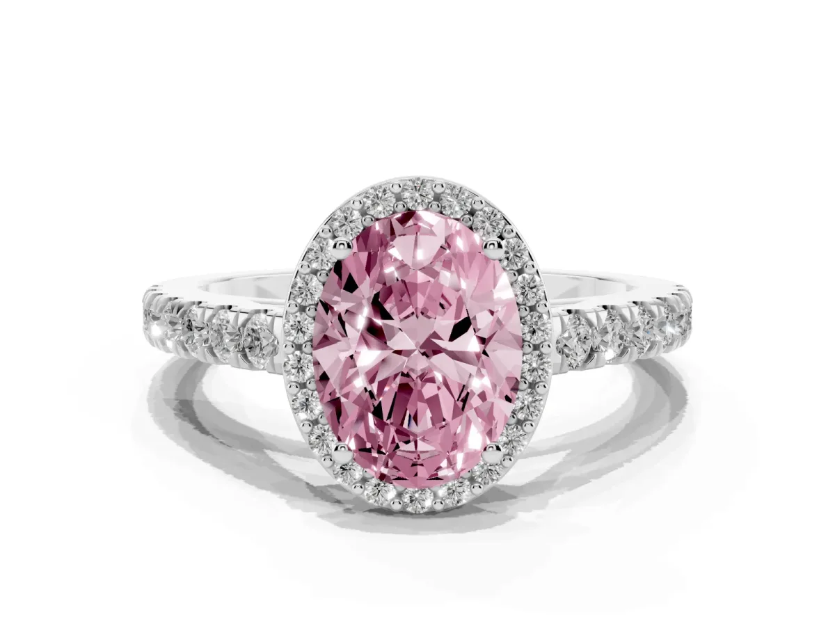 Fancy Pink Oval Cut Cut Halo Diamond Engagement Ring with Pave Band and Four-Prong Setting Silver