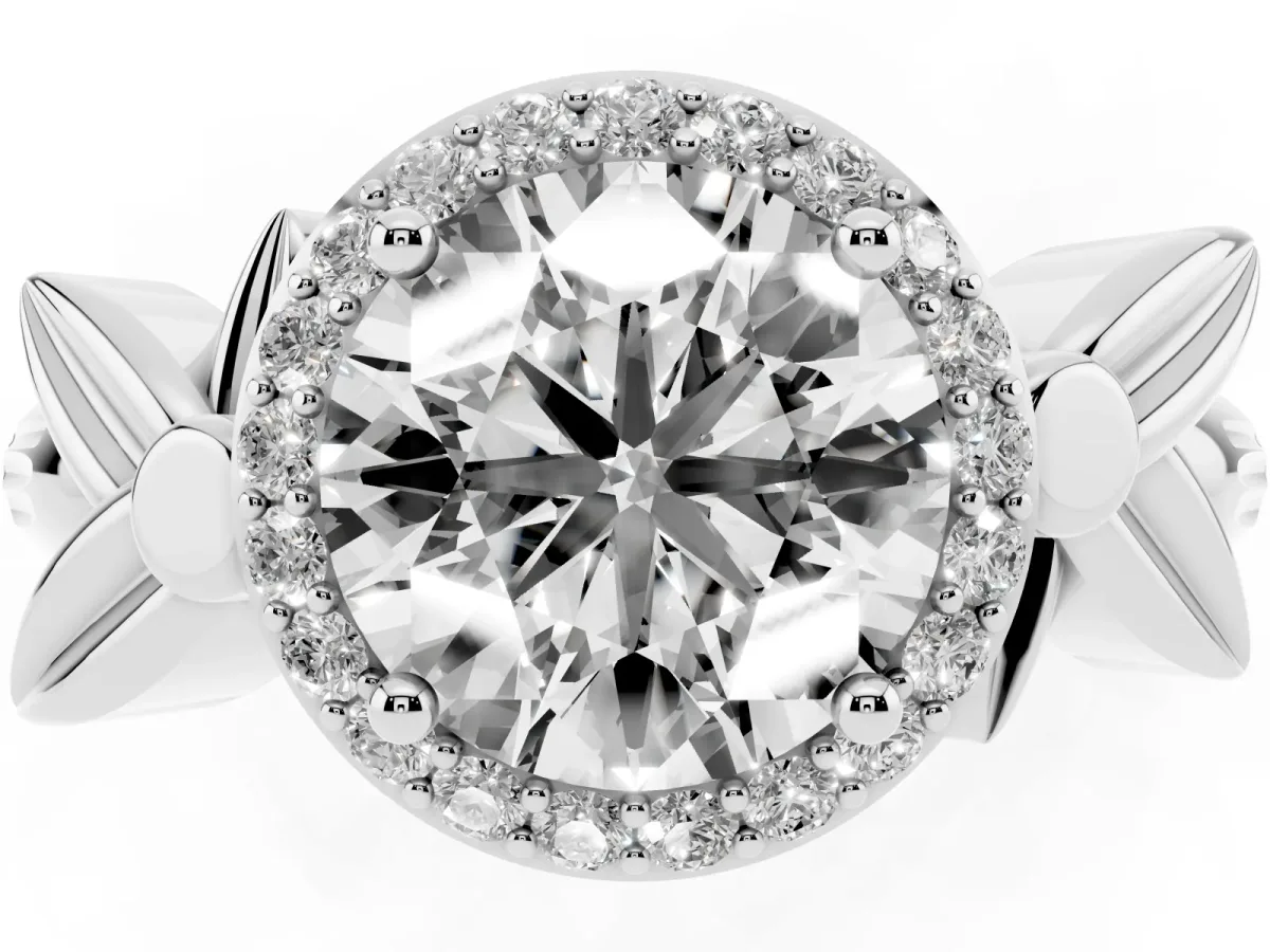 Round Cut Halo Diamond Floral Band with Four-Prong Setting Silver