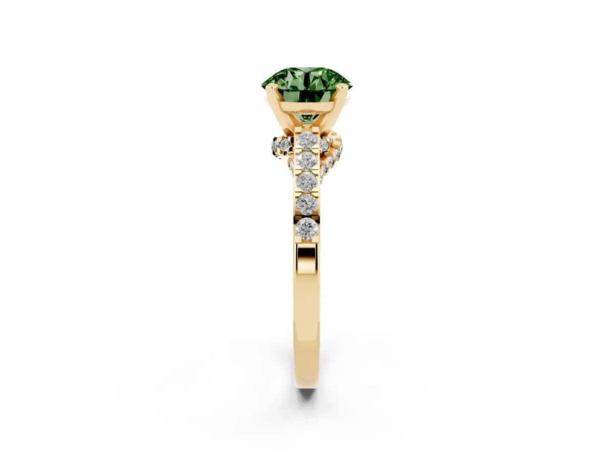 Fancy Green Round Cut Diamond Solitaire Ring with Crossover Gallery and Round Pavé Band Yellow gold