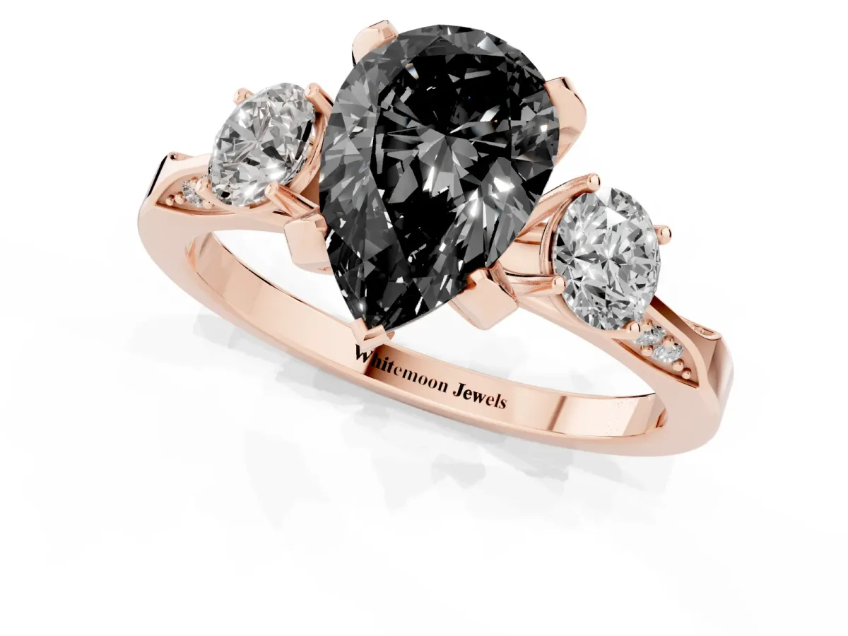 Fancy Black Pear Cut Brilliant Three-Stone Diamond Ring with Pavé Band and Four-Prong Setting Rose gold