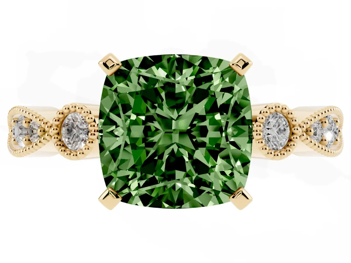 Fancy Green Cushion Cut Milgrain Bezel Diamond Engagement Ring with Solitaire Prong Setting Yellow gold