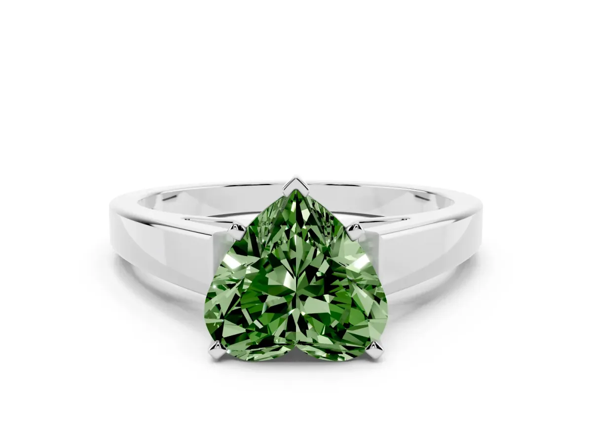 Fancy Green Heart Cut Solitaire Engagement Ring with Four-Prong Setting and Tapered Band Silver
