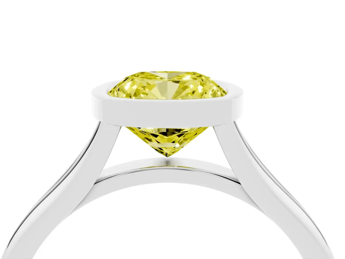 Fancy Yellow Bezel Set Cushion Cut Cut Solitaire Ring with Tapered Band White gold