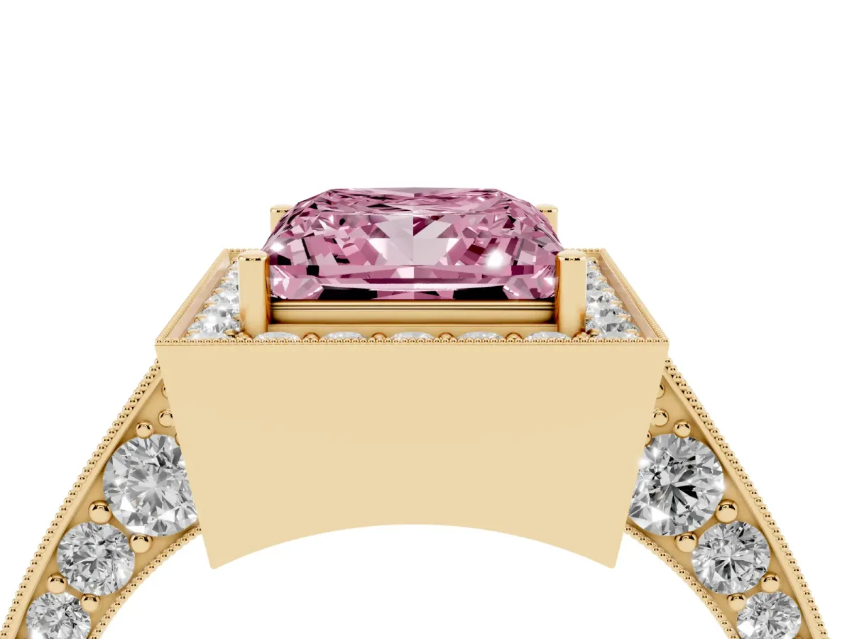 Fancy Pink Princess Cut Halo Diamond Engagement Ring with Split Shank Band and Four-Prong Setting Yellow gold