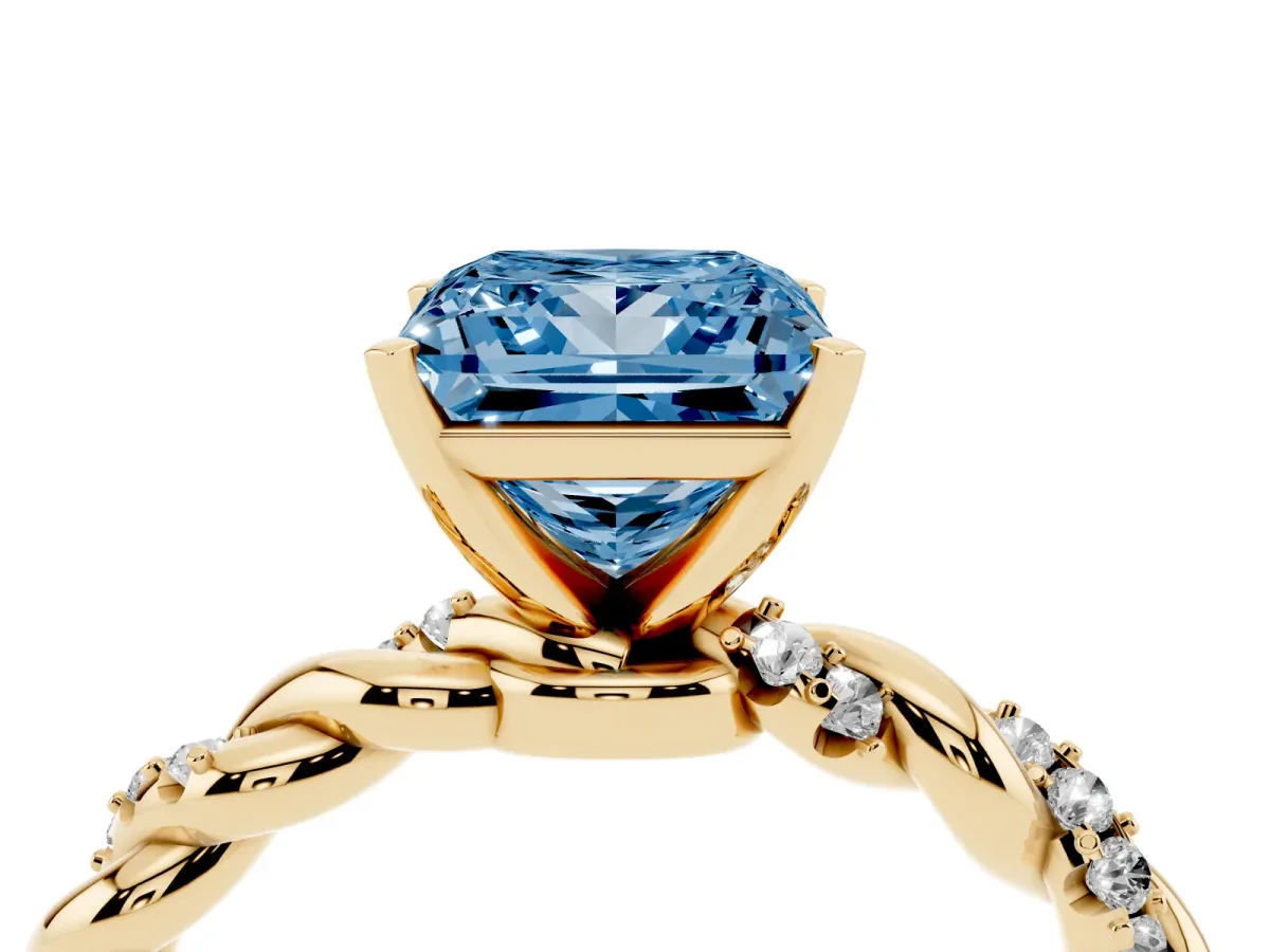 Fancy Blue Princess Cut Diamond Solitaire Ring with Twisted Band and Pavé Accents Yellow gold