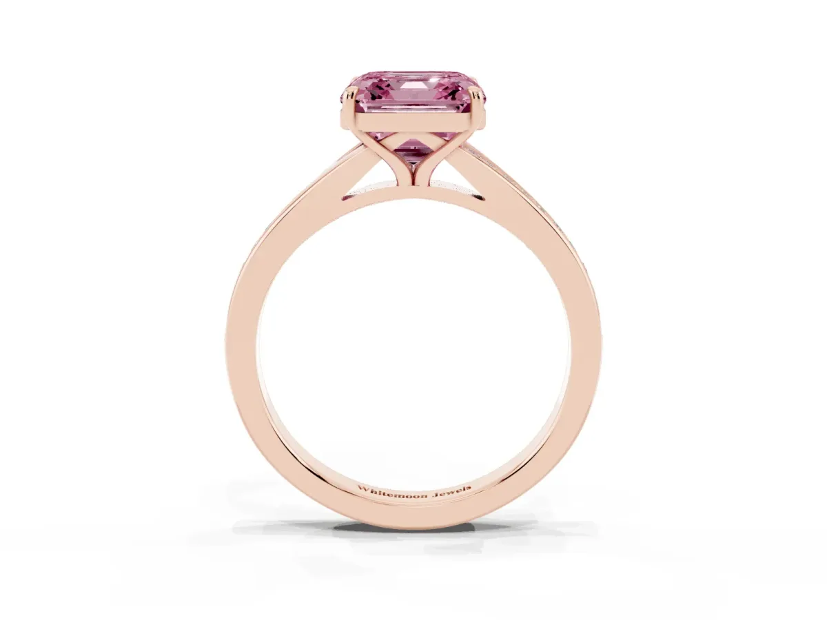 Fancy Pink Asscher Cut Diamond Solitaire Ring with Pavé Band and Prong Setting Rose gold