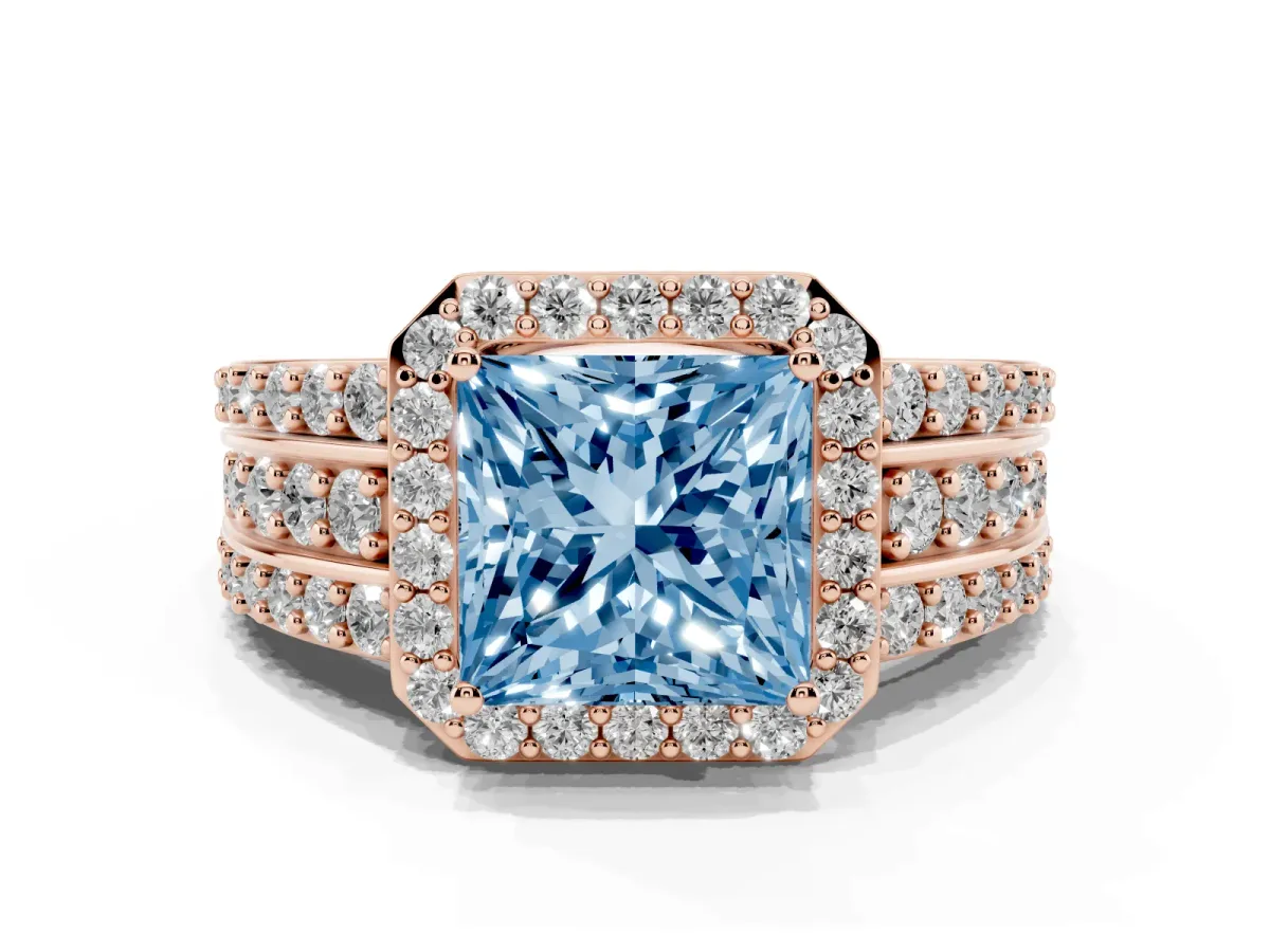 Fancy Blue Princess Cut Halo Diamond Ring with Round Split Shank and Prong Setting Rose gold