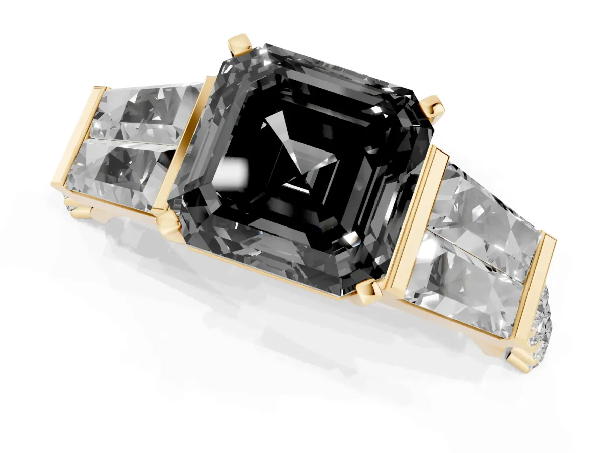 Fancy Black Asscher Cut Diamond Engagement Ring with Baguette Side Stones and Channel Set Band Yellow gold