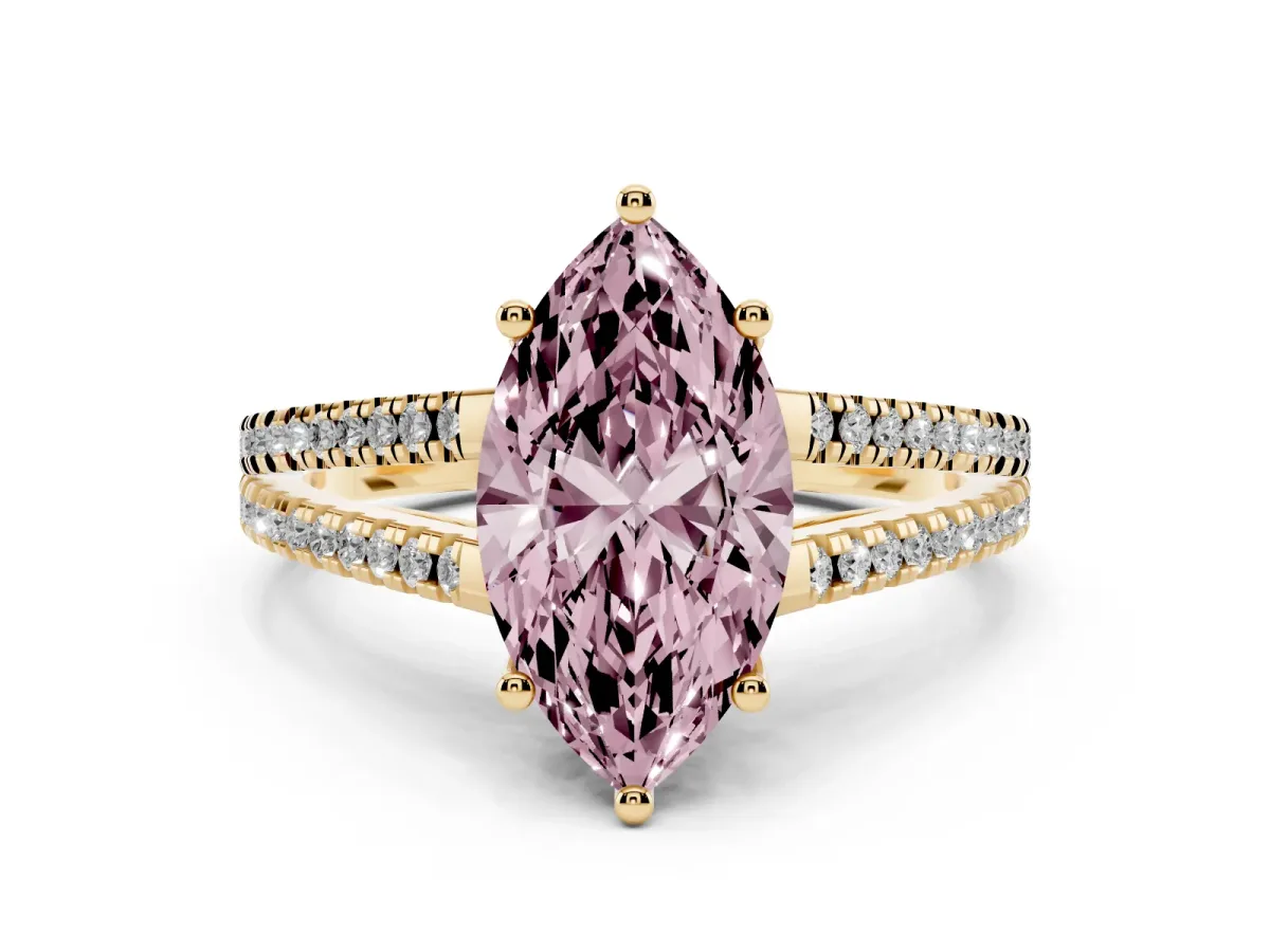 Fancy Pink Marquise Cut Diamond Solitaire Engagement Ring with Split Shank Pavé Band Yellow gold