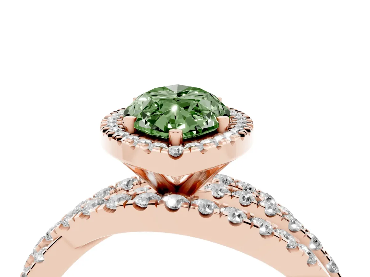 Fancy Green Marquise Cut Diamond Halo Ring with Round Split Shank and Prong Setting Rose gold