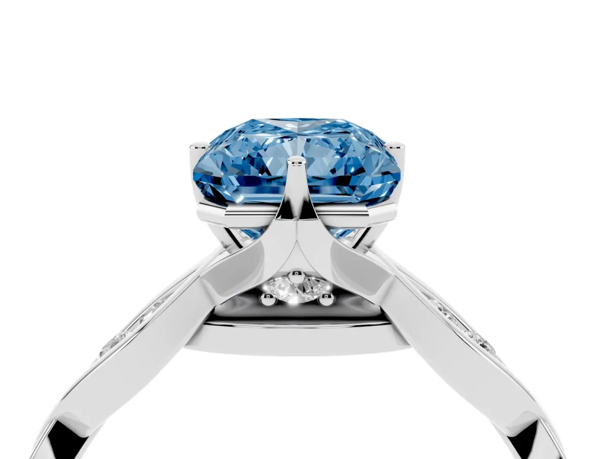 Fancy Blue Radiant Cut Solitaire Twist Band with Leaf Prong Setting Silver