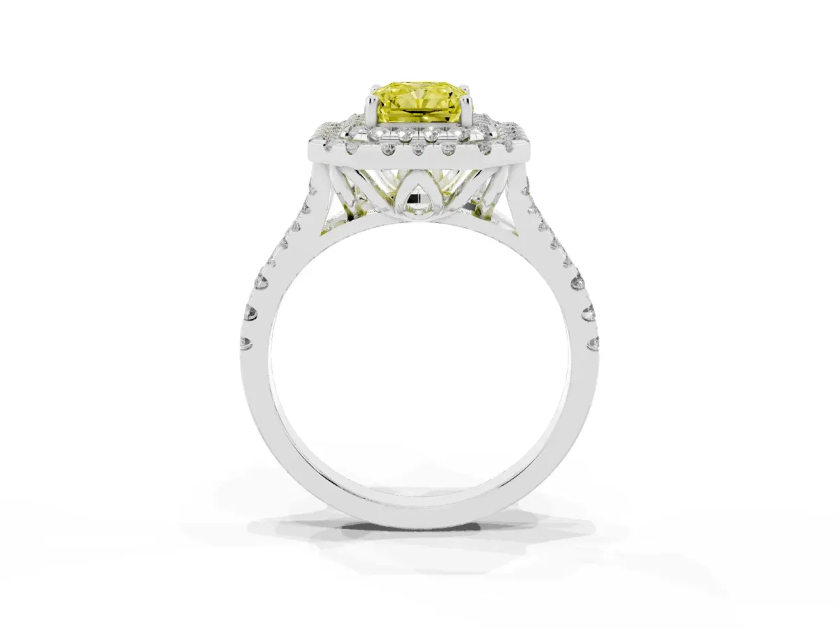 Fancy Yellow Double Halo Radiant Cut Diamond Pavé Split Shank Ring with Prong Setting Silver