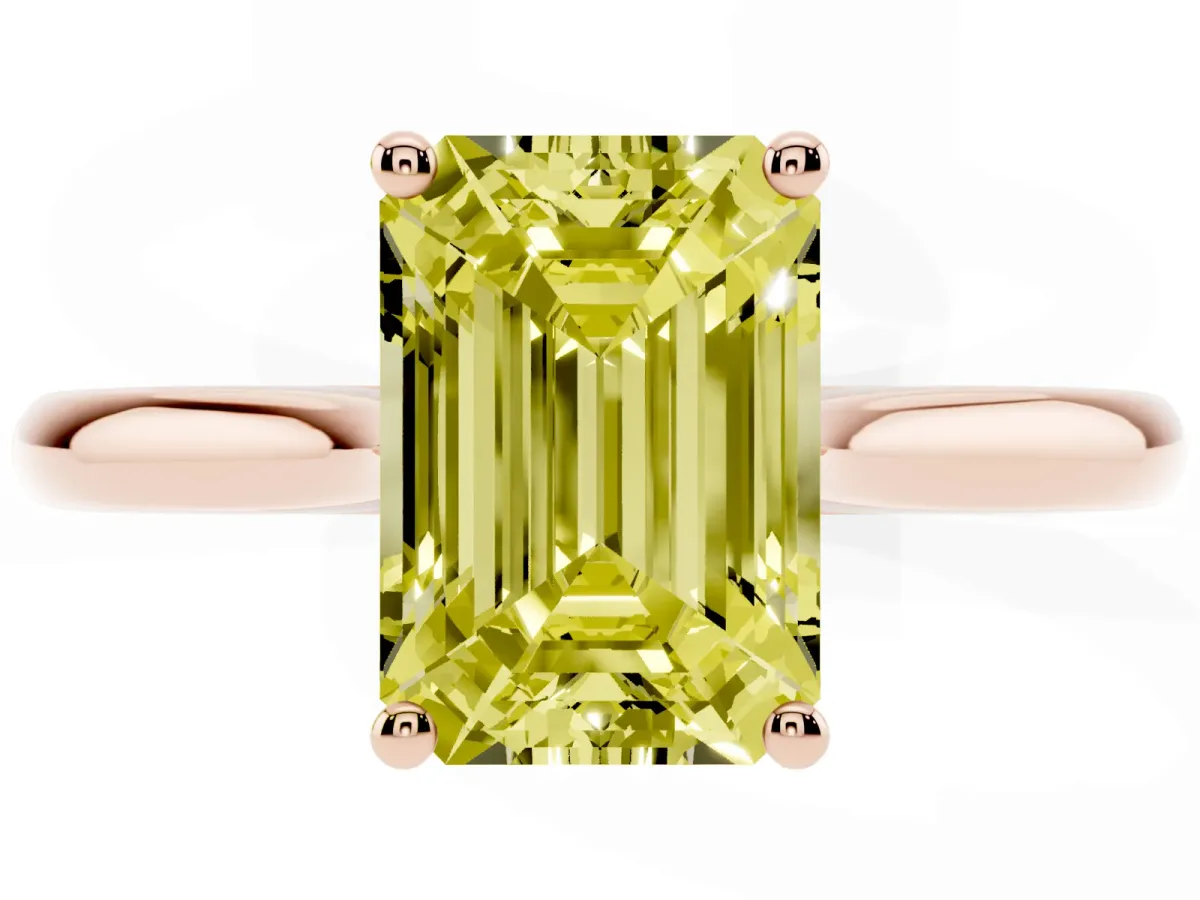Fancy Yellow Emerald Cut Cut Solitaire Ring with Cathedral Band and Four-Prong Setting Rose gold