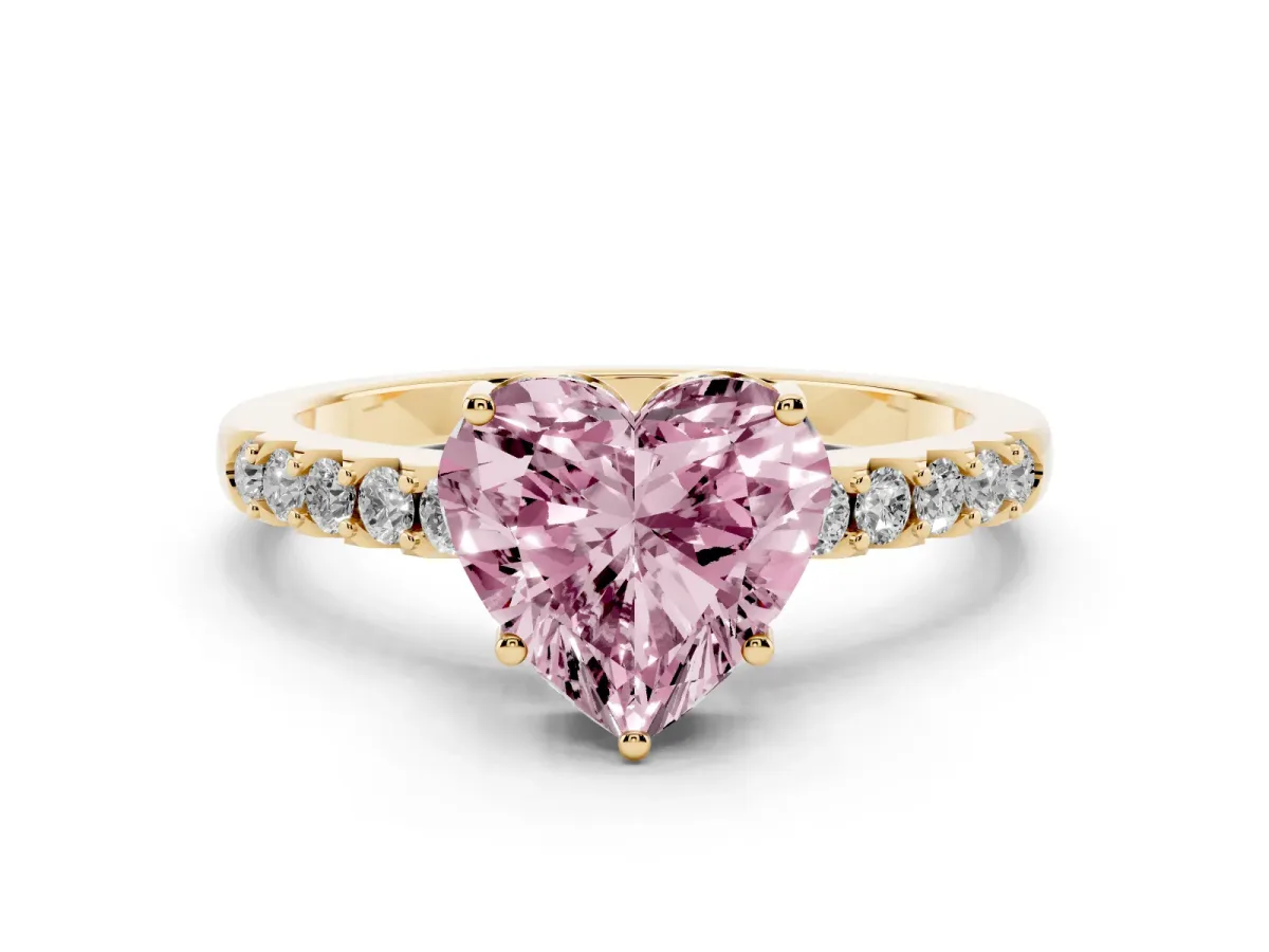 Fancy Pink Heart Cut Solitaire Diamond Engagement Ring with Pavé Band and Six-Prong Setting Yellow gold
