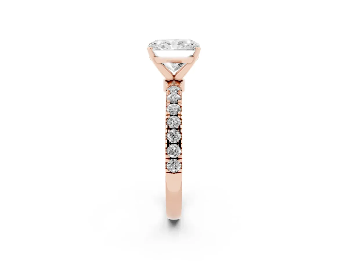 Radiant Cut Diamond Solitaire Ring with Pavé Accents and Four-Prong Setting Rose gold