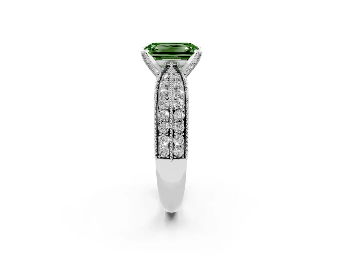 Fancy Green Emerald Cut Diamond Solitaire Ring with Milgrain Round Pavé Band and Prong Setting Platinum