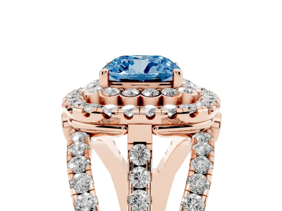 Fancy Blue Cushion Cut Diamond Double Halo Ring with Round Pavé Split Shank and Prong Setting Rose gold
