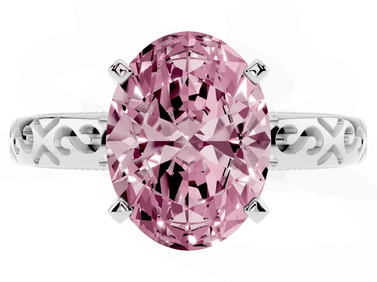 Fancy Pink Oval Cut Solitaire Engagement Ring with Scrollwork Band and Four-Prong Setting Silver