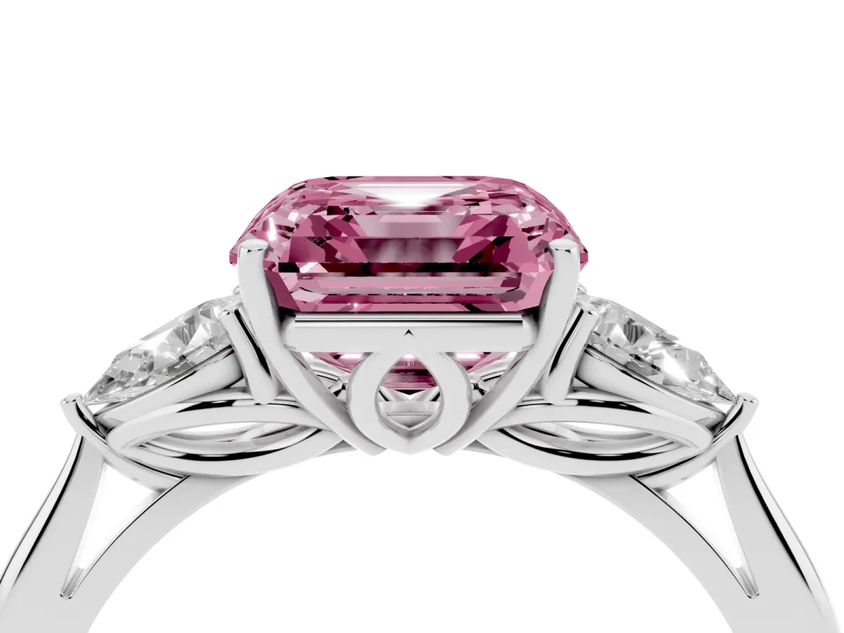Fancy Pink Three-Stone Asscher Cut Brilliant Diamond Solitaire Ring with Tapered Band and Four-Prong Setting Platinum