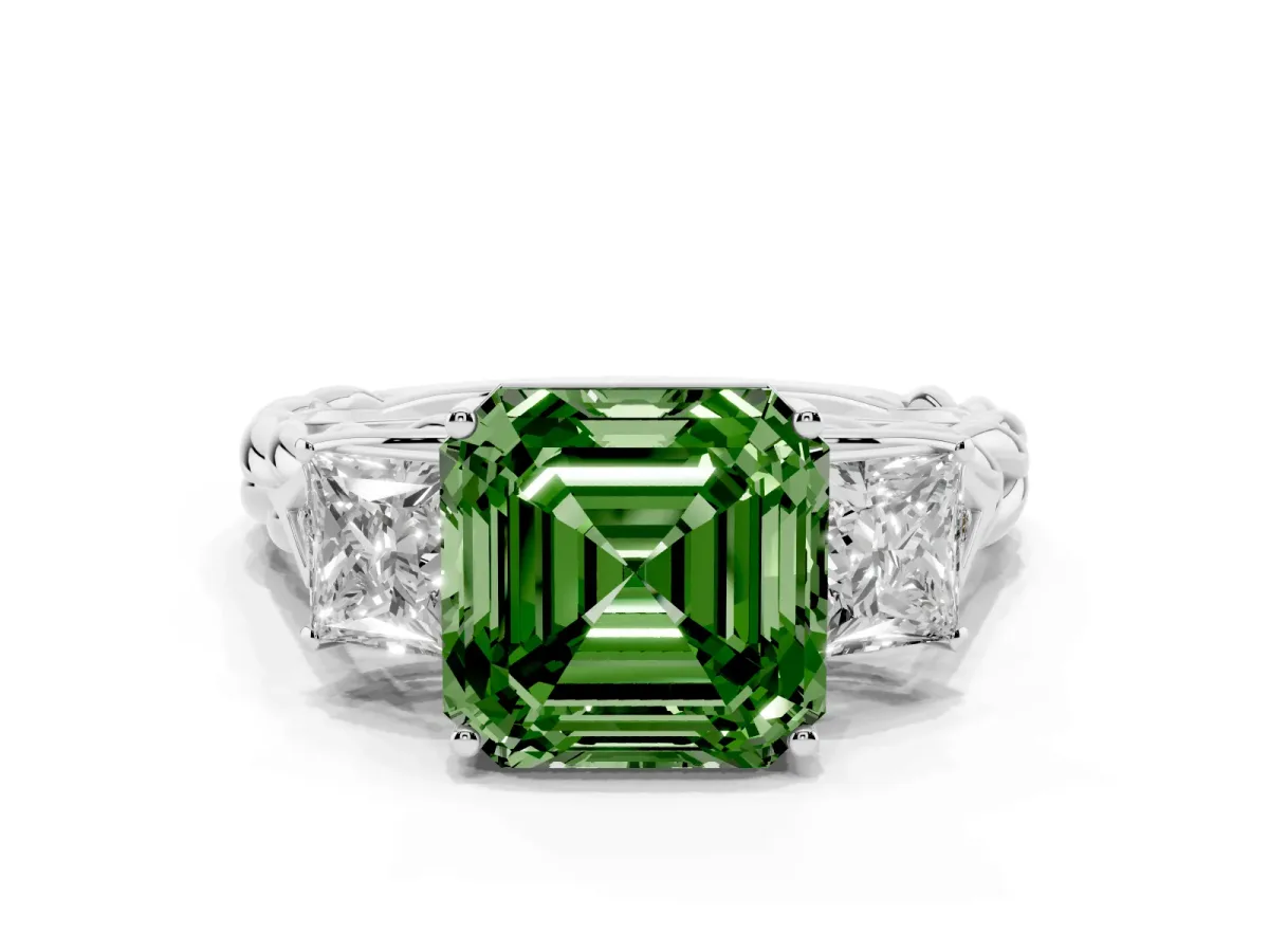 Fancy Green Three-Stone Asscher Cut Diamond Braided Band Ring with Four-Prong Setting Platinum