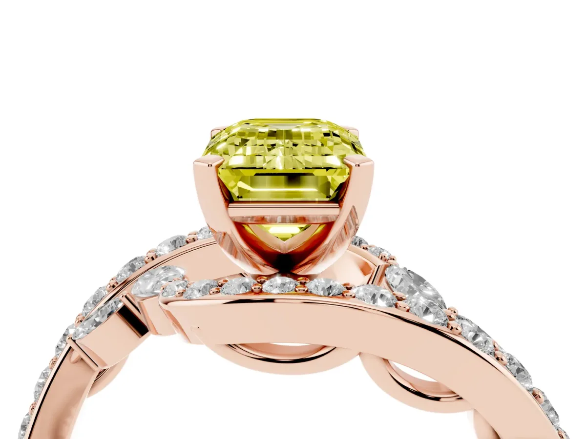 Fancy Yellow Emerald Cut Solitaire with Pavé Twist Band and Four-Prong Setting Rose gold