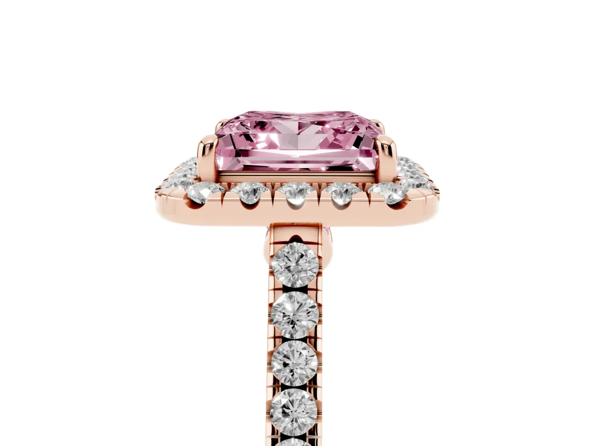 Fancy Pink Princess Cut Halo Pave Diamond Engagement Ring with Four-Prong Setting Rose gold