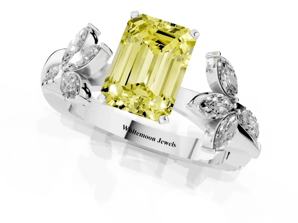 Fancy Yellow Emerald Cut Diamond Floral Vine Solitaire Engagement Ring Platinum