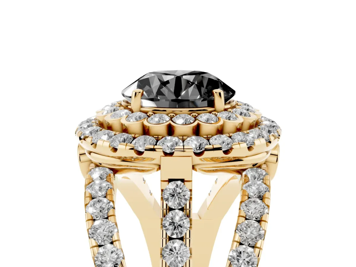 Fancy Black Round Cut Diamond Double Halo Ring with Round Pavé Split Shank and Prong Setting Yellow gold