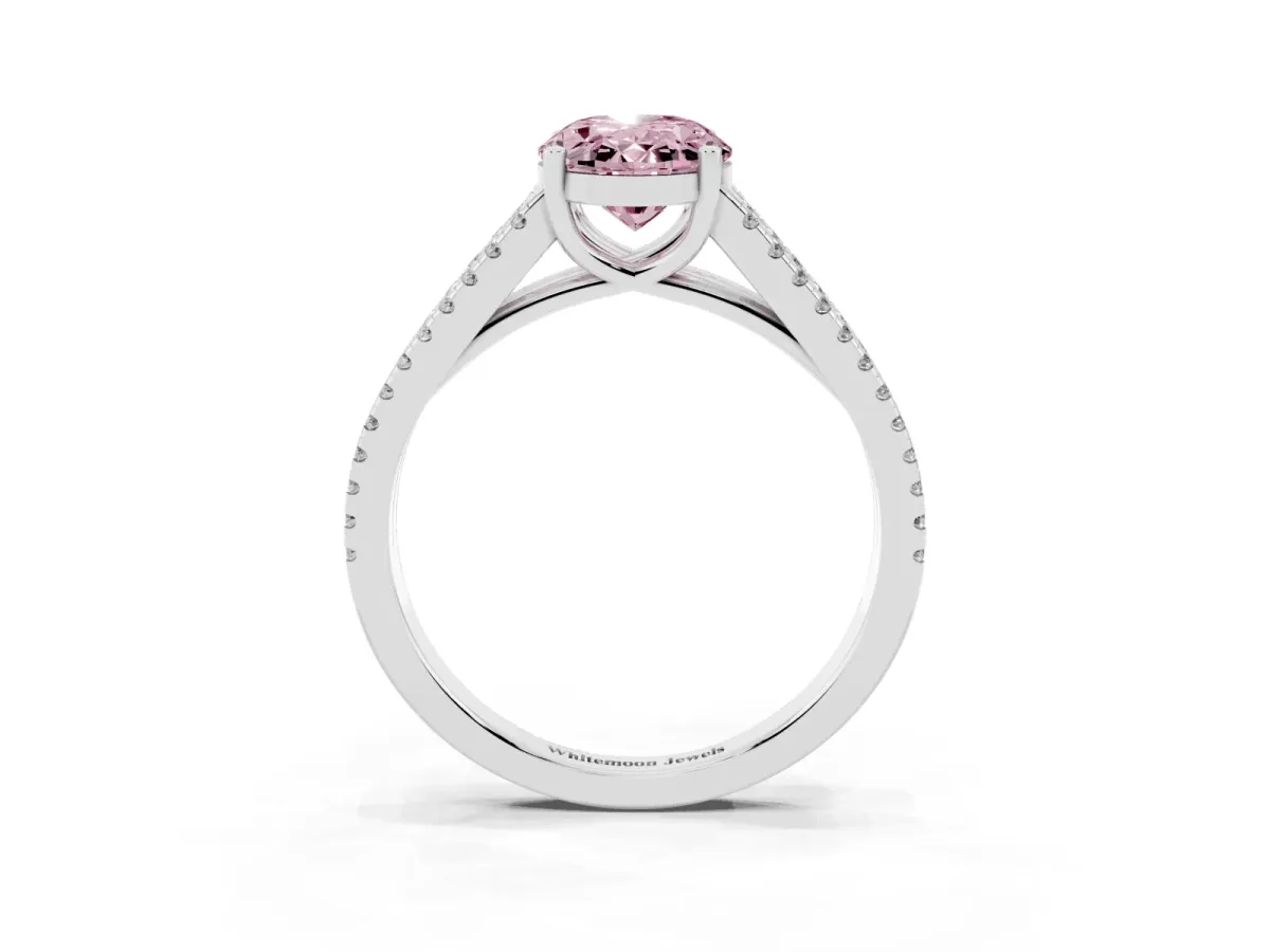 Fancy Pink Oval Cut Diamond Solitaire Engagement Ring with Split Shank Pavé Band Silver