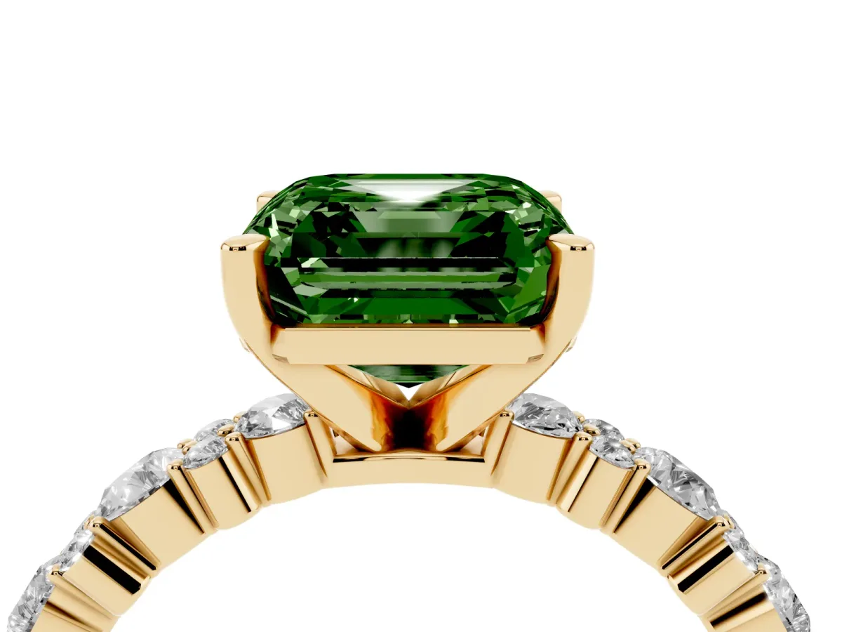 Fancy Green Asscher Cut Diamond Side Stone Solitaire Ring with Round and Four-Prong Setting Yellow gold