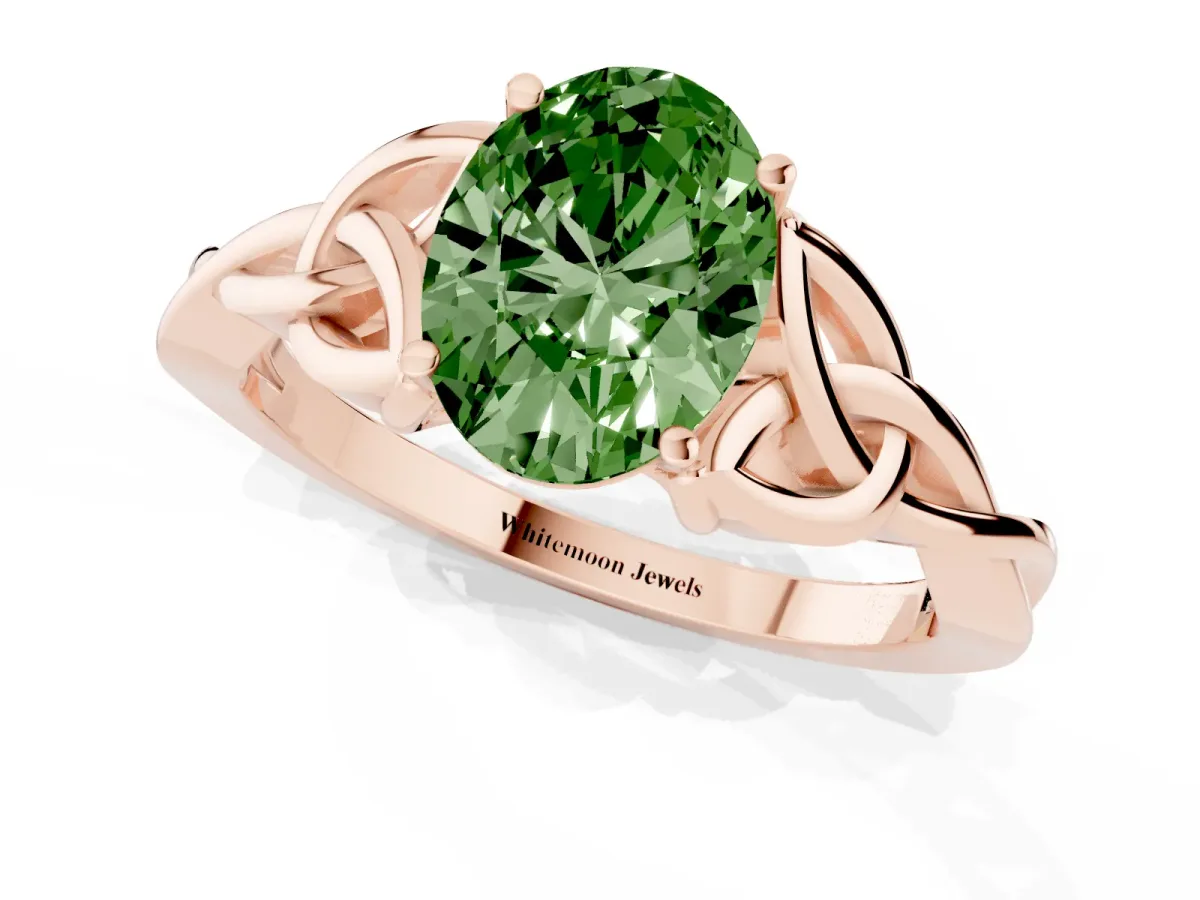 Fancy Green Oval Cut Diamond Solitaire Engagement Ring with Celtic Knot Band and Four-Prong Setting Rose gold