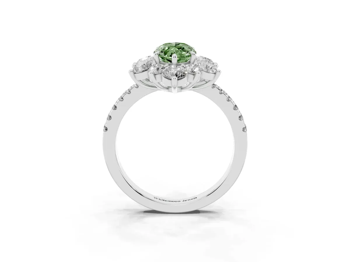 Fancy Green Marquise Cut Diamond Floral Halo Ring with Round Pavé Band and Prong Setting Silver