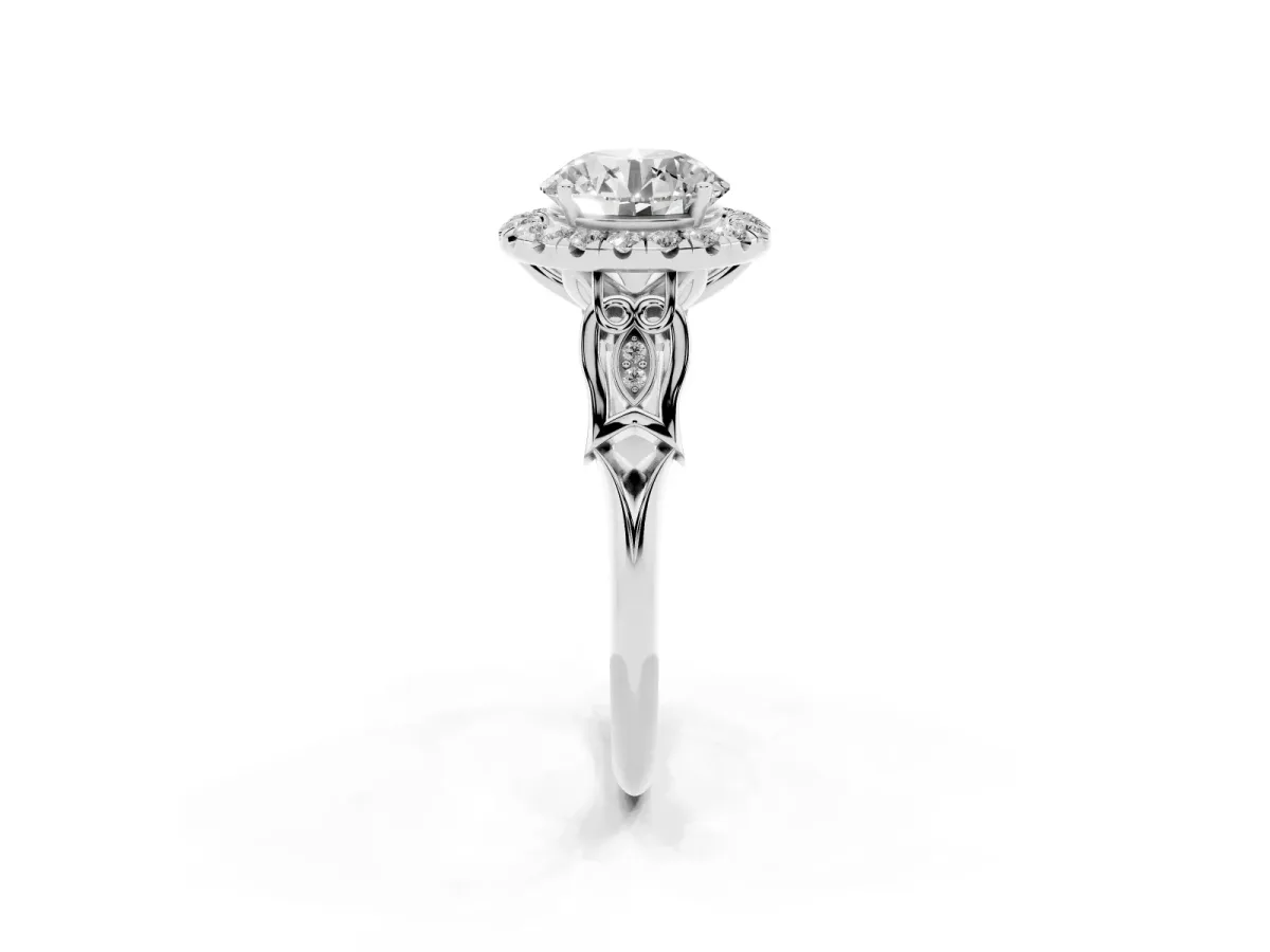 Round Cut Halo Diamond Engagement Ring with Filigree Band and Four-Prong Setting White gold
