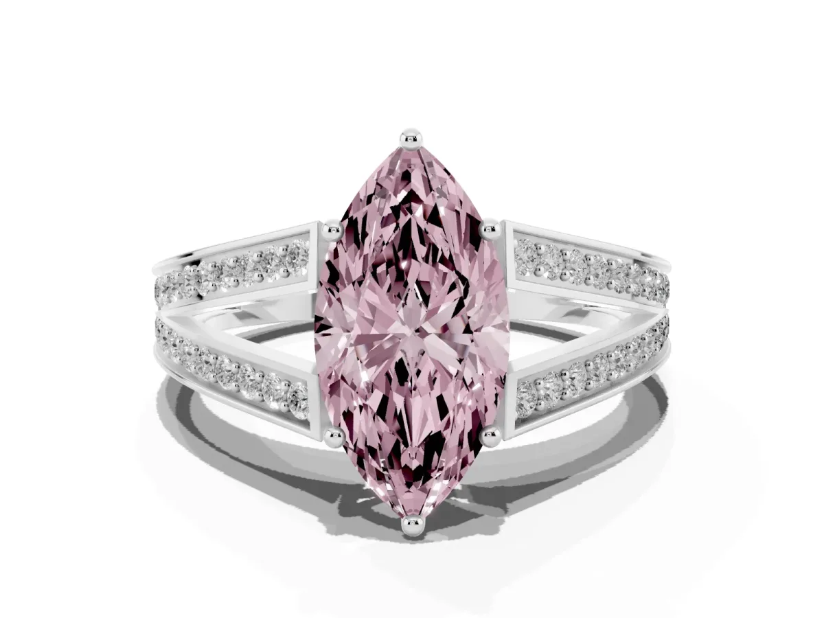 Fancy Pink Marquise Cut Diamond Split Shank Ring with Pavé Band and Four-Prong Setting Platinum