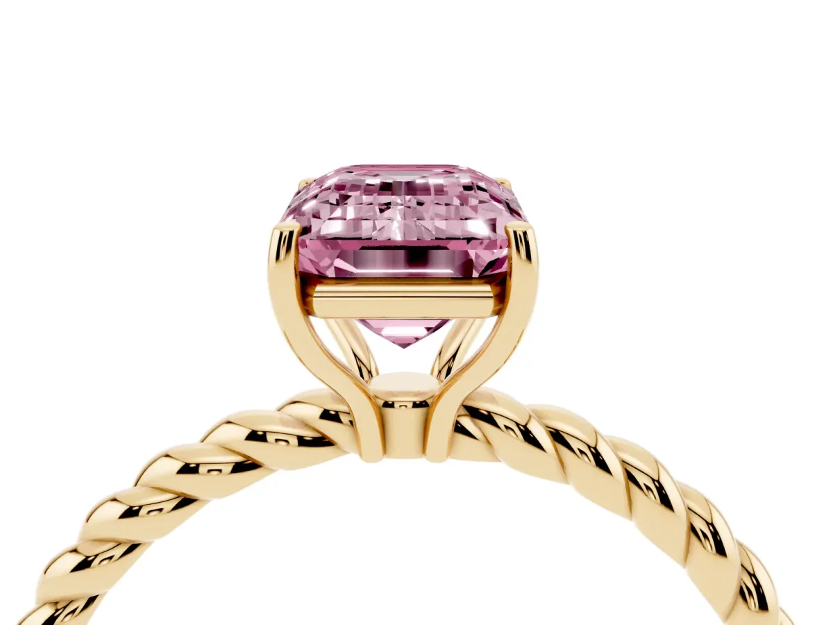 Fancy Pink Emerald Cut Solitaire Twisted Band 4-Prong Ring Yellow gold