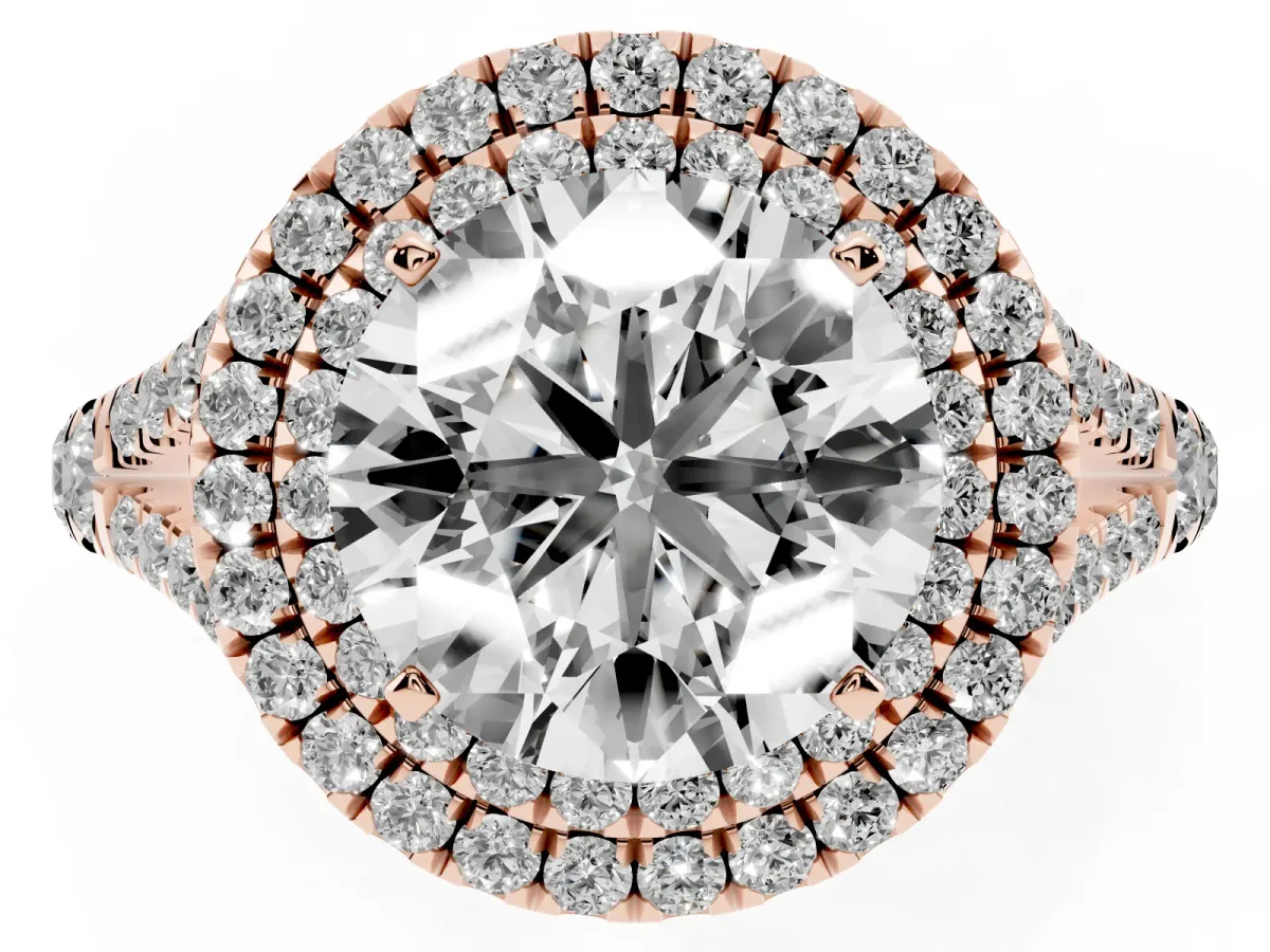 Double Halo Round Cut Diamond Split Shank Engagement Ring with Four-Prong Setting Rose gold