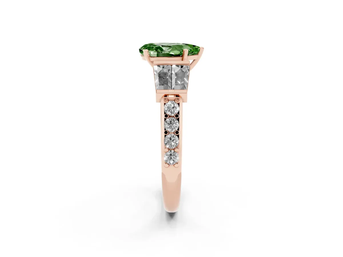 Fancy Green Pear Cut Diamond Engagement Ring with Baguette Side Stones and Channel Set Band Rose gold