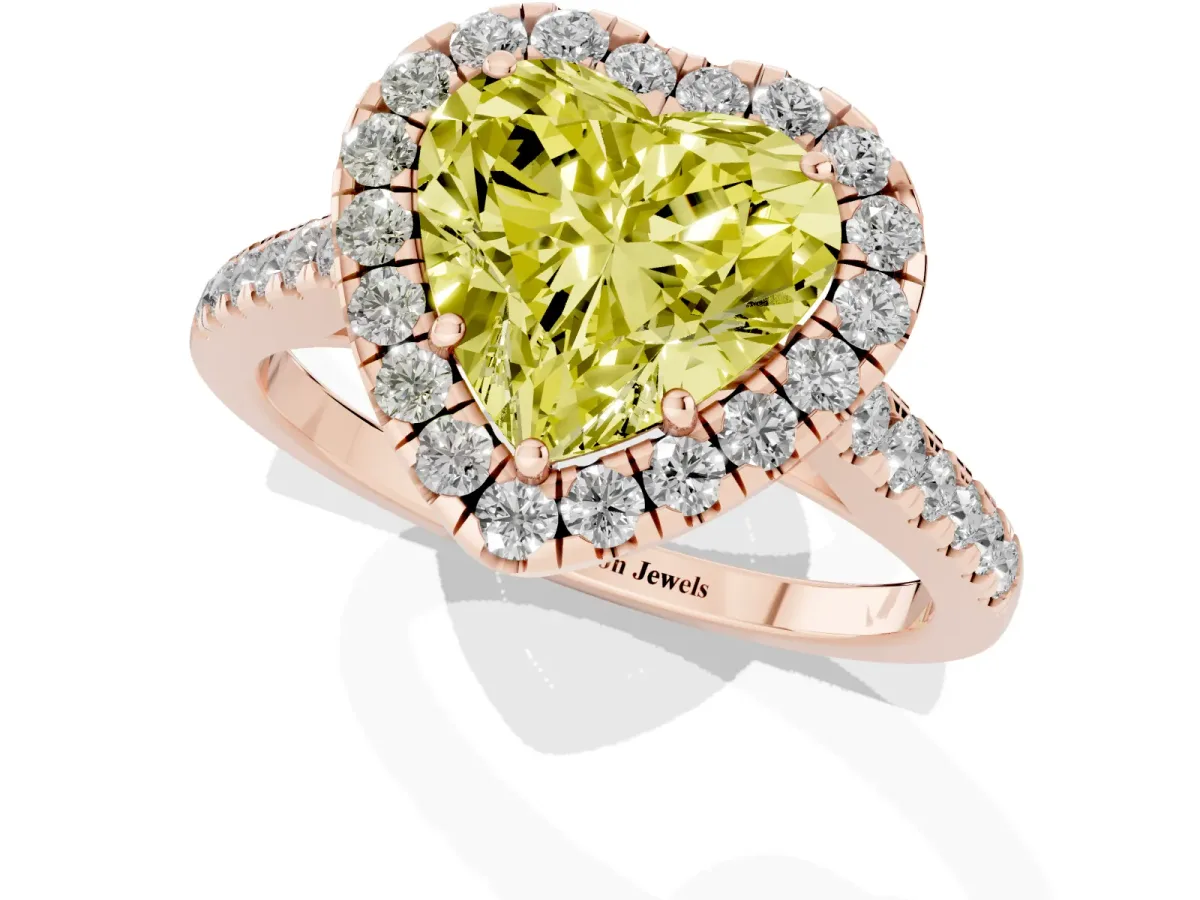 Fancy Yellow Heart Cut Halo Pave Diamond Engagement Ring with Four-Prong Setting Rose gold