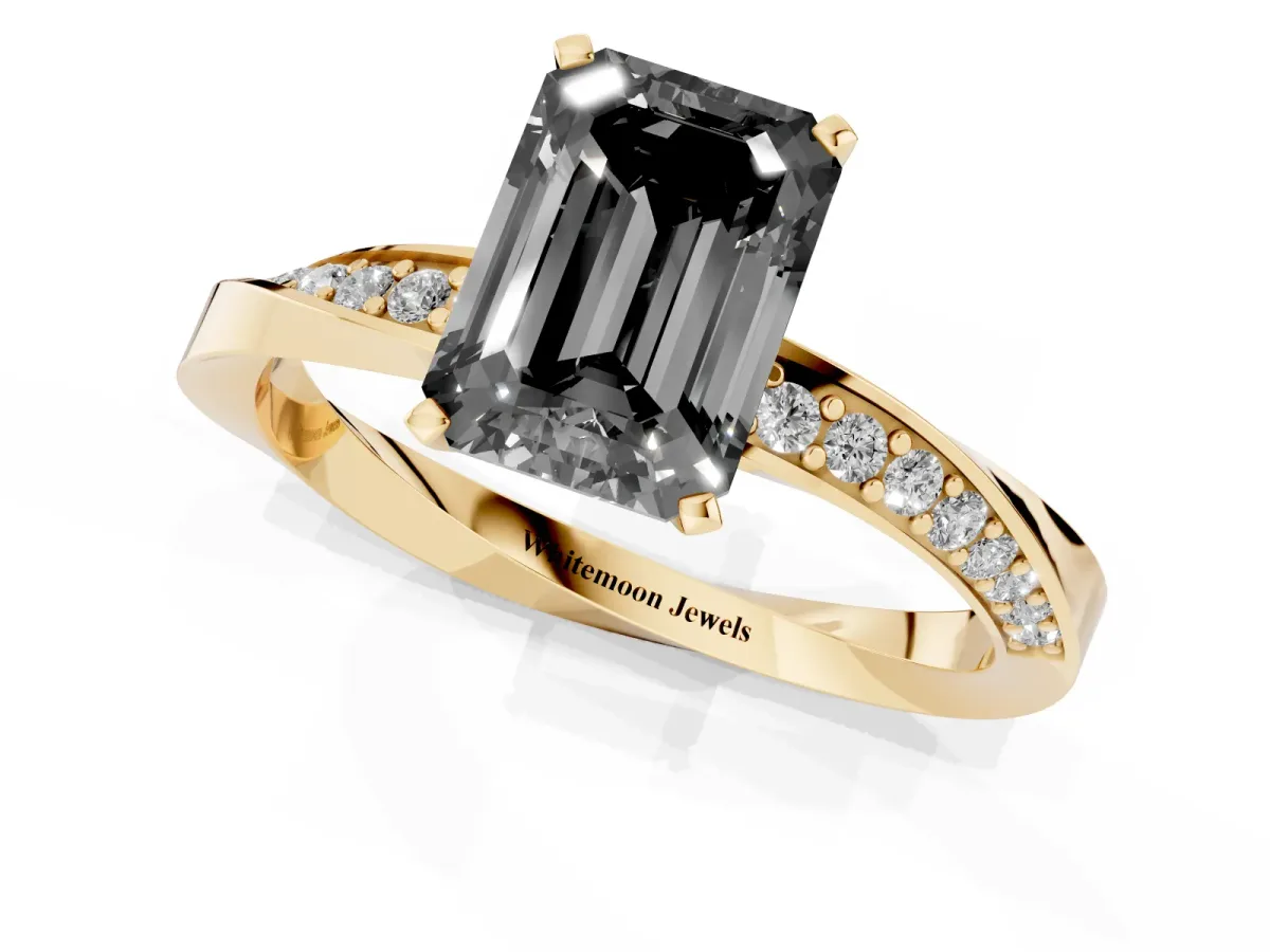 Fancy Black Emerald Cut Diamond Engagement Ring with Side Stone Accents and Four-Prong Setting Yellow gold